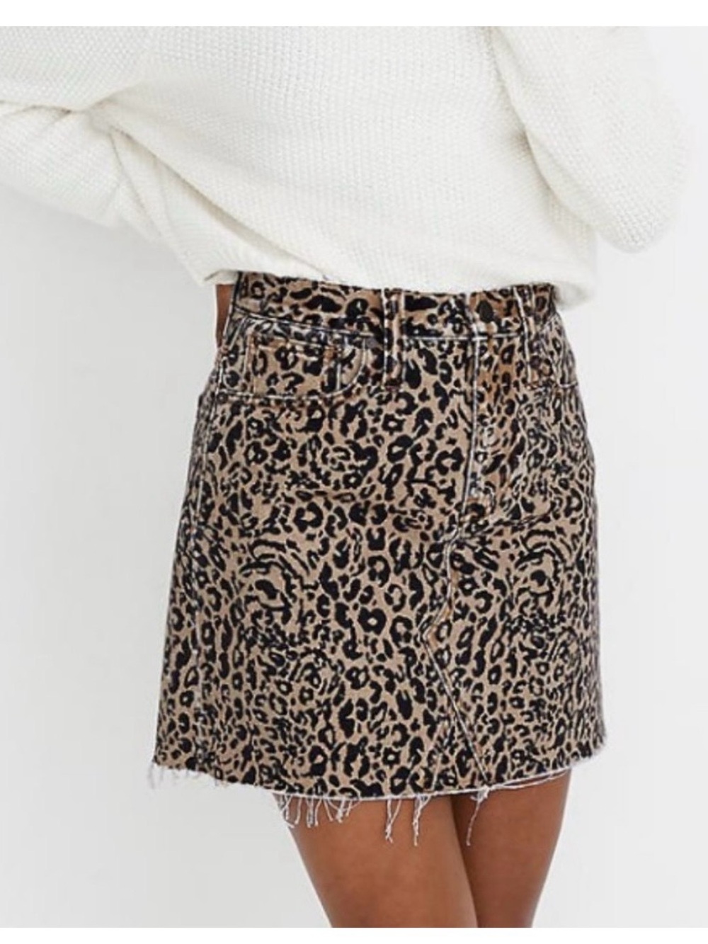 NWT Madewell Leopard Print Rigid Denim A-Line Mini Skirt Size 24 Raw Hem
